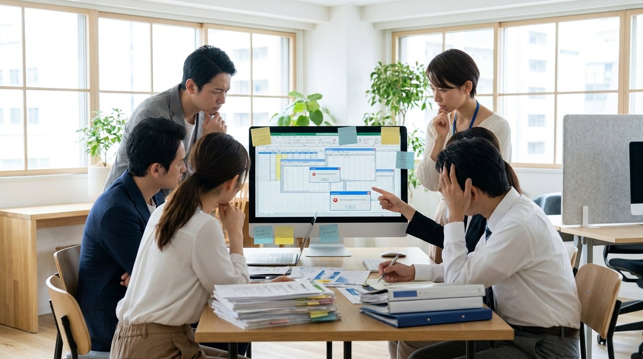 Excel管理に悩み、システム導入について打ち合わせをする担当者